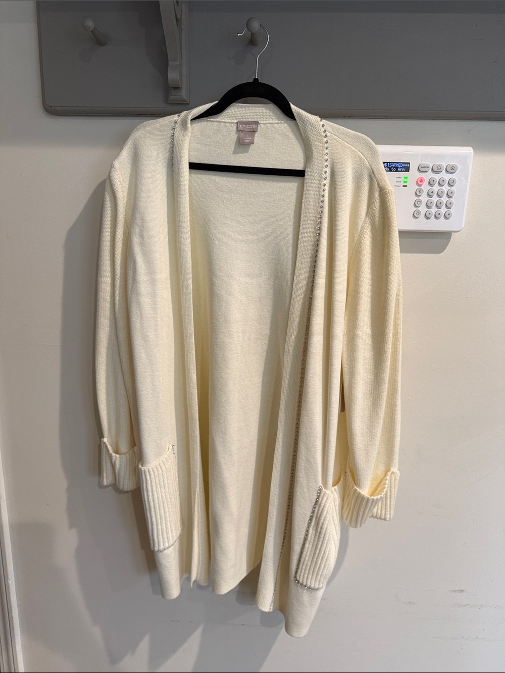 Chico's Cream Open-Front Cardigan with Ribbed Pockets